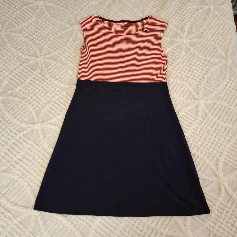 LL‎ Bean Medium Striped Cap Sleeve Dress Navy Red Cotton Blend Stretch